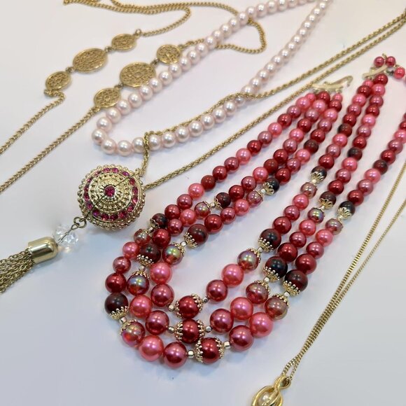 Layered Necklace Lot, God, Deep Pink, Red, Rhinestone, Bohemian, Multi Strand - Picture 4 of 8